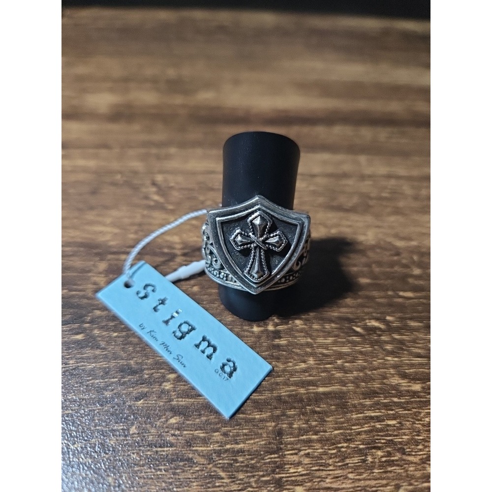 Stimga Mens Shield Cross-Ring - Vintage Silver Tone Gothic Biker Style 9 - Picture 1 of 5